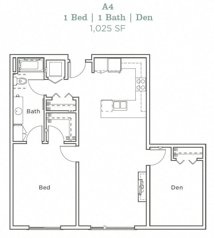 Floor plan for 1 bed, 1 bath, 1025 sqft